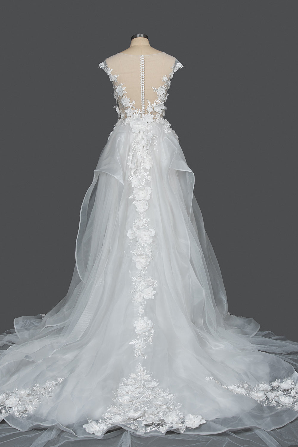 Cap Sleeve Jewel Ball Gown Wedding Dress with Floral Appliques