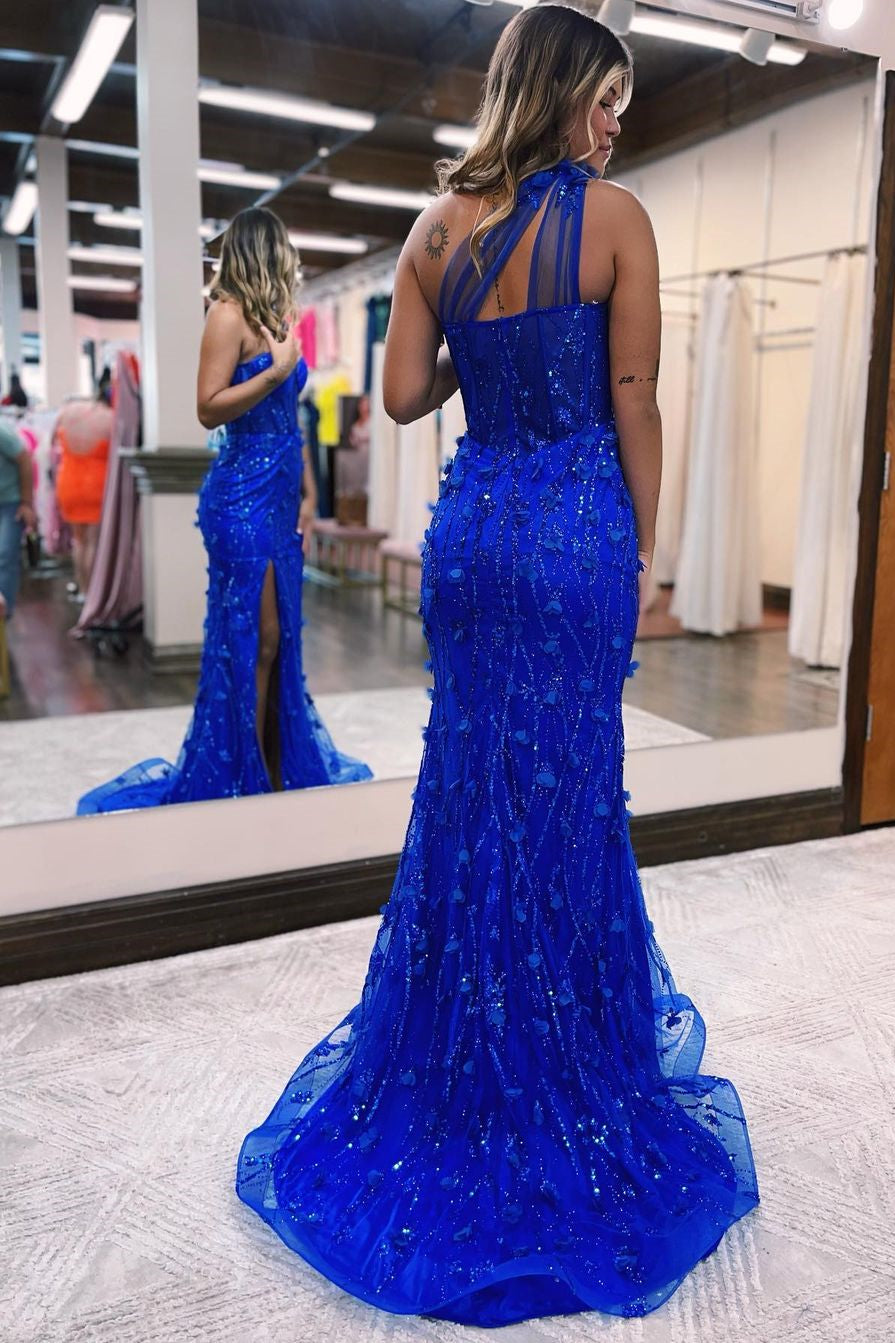 Klein Blue One Shoulder Mermaid Prom Dress with Flower Appliques