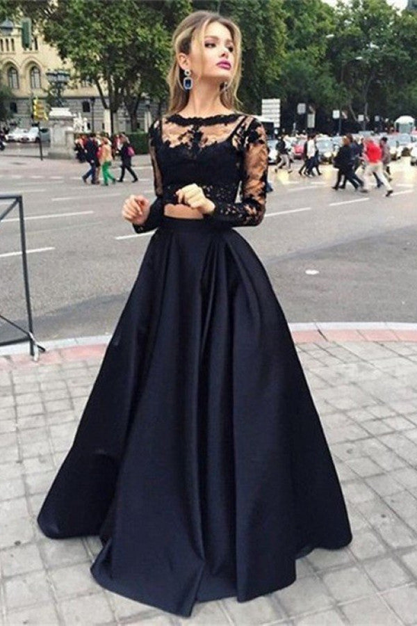 Black Lace Prom Dress with Long Sleeves - 2 Pieces