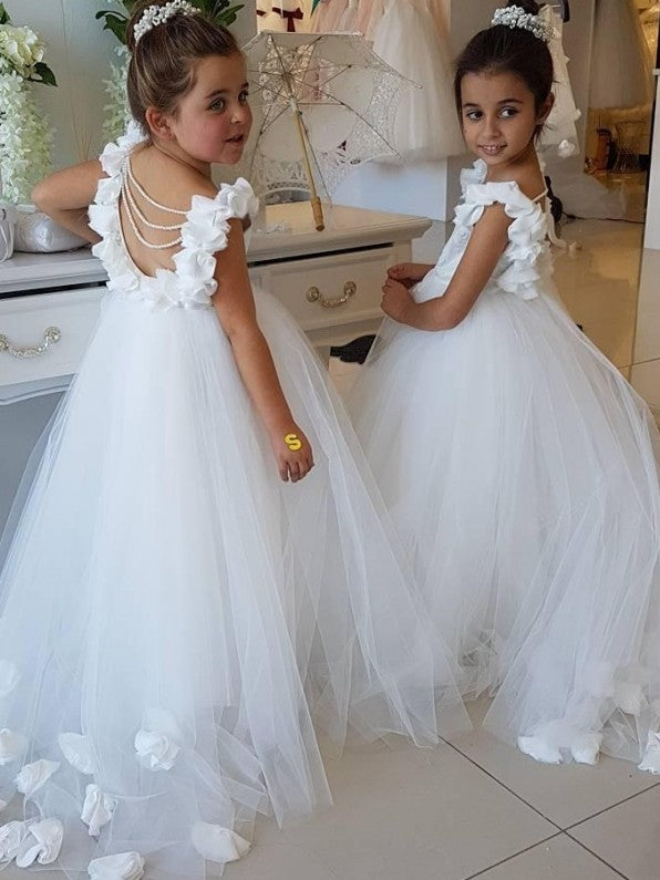 Tulle Flower Girl Dress with Pearls Appliques - Backless Sleeveless Design