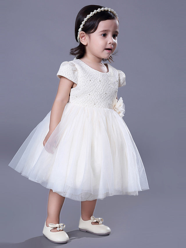 Short Sleeve Beading and Lace Flower Girl Dress with Belt