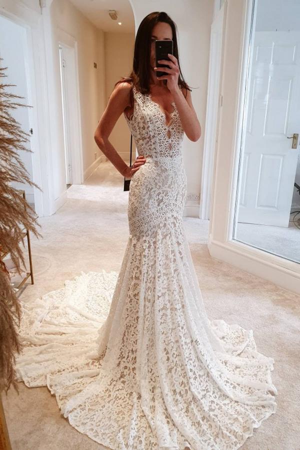 Long Mermaid Wedding Dress With Lace - Modest V-neck Open Back