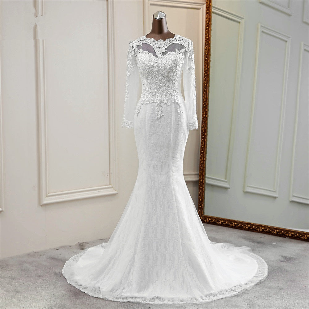 Elegant Long Sleeves Mermaid Wedding Dress with Jewel Accents and Tulle