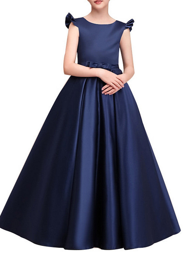 Jewel Neck Cap Sleeve A-Line Flower Girl Dress with Ruching - Floor Length