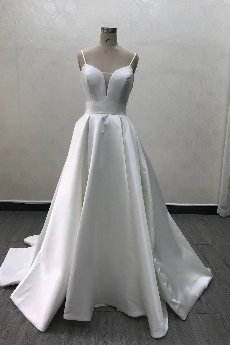 White A Line Taffeta Wedding Dress with Spaghetti Straps and Bow