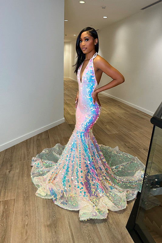 Halter Neck Sequins Mermaid Princess Prom Dress with Laser Light Trumpet Sleeves