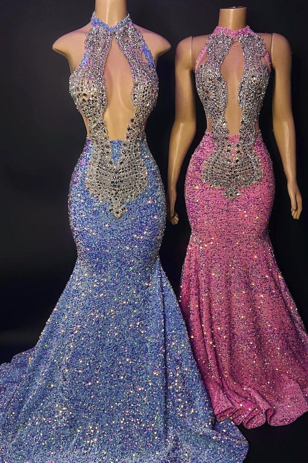 Glamorous High Neck Mermaid Prom Dress With Beaded Sequins And Appliques