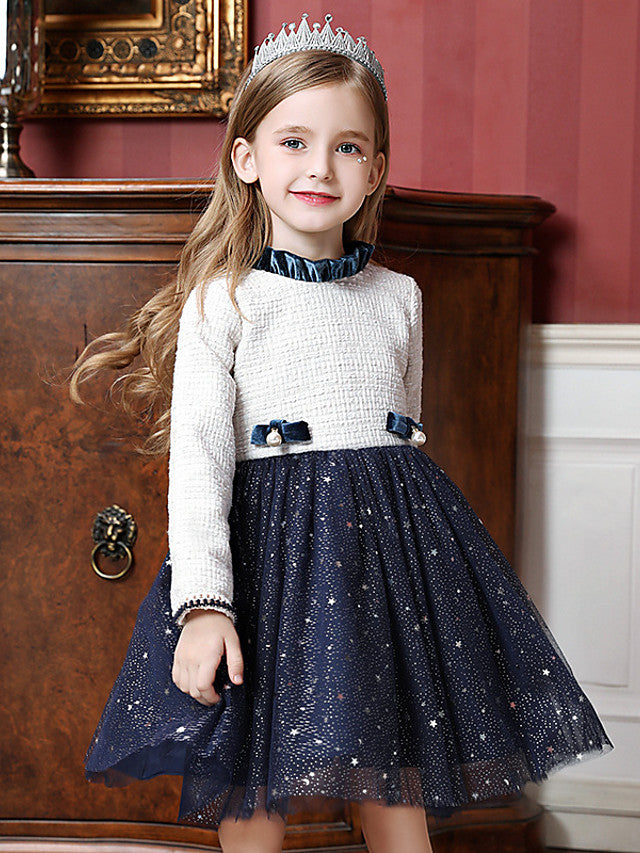 Beautiful Knee Length Flower Girl Dress with Long Sleeve and High Neck Tulle Splicing