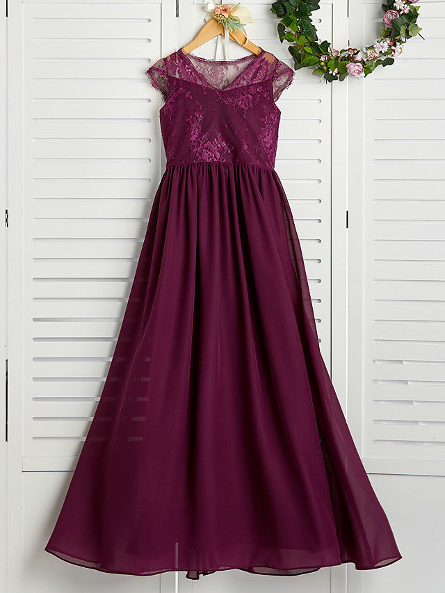 A-Line V Neck Maxi Chiffon/Lace Junior Bridesmaid Dress With Appliques