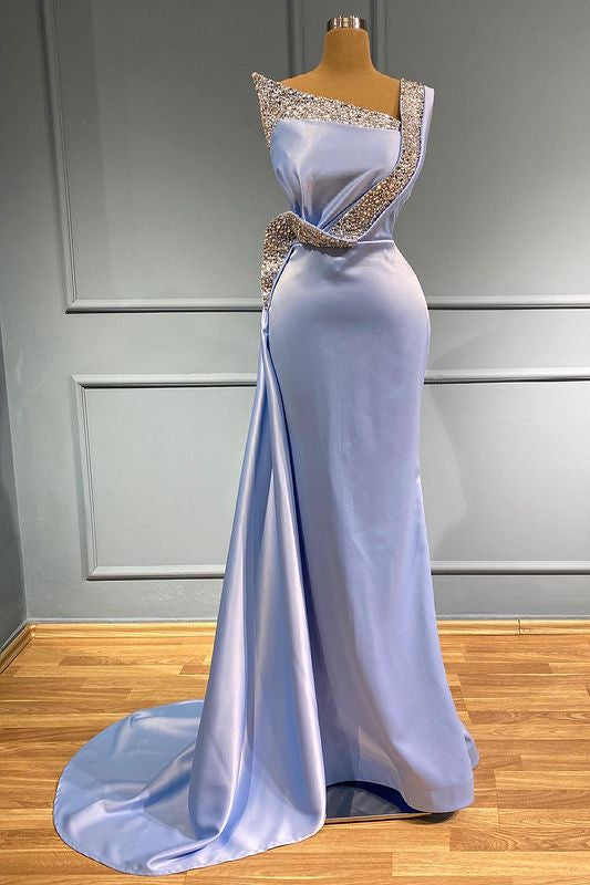 Light Blue One-Shoulder Sleeveless Mermaid Long Beads Prom Dress with Ruffles