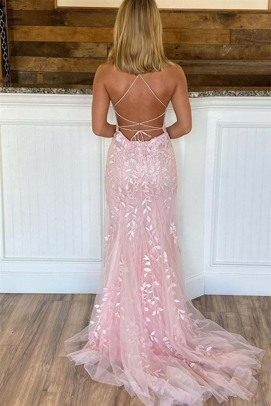 Tulle Mermaid Prom Dress with Appliques and Open Back Spaghetti-Straps