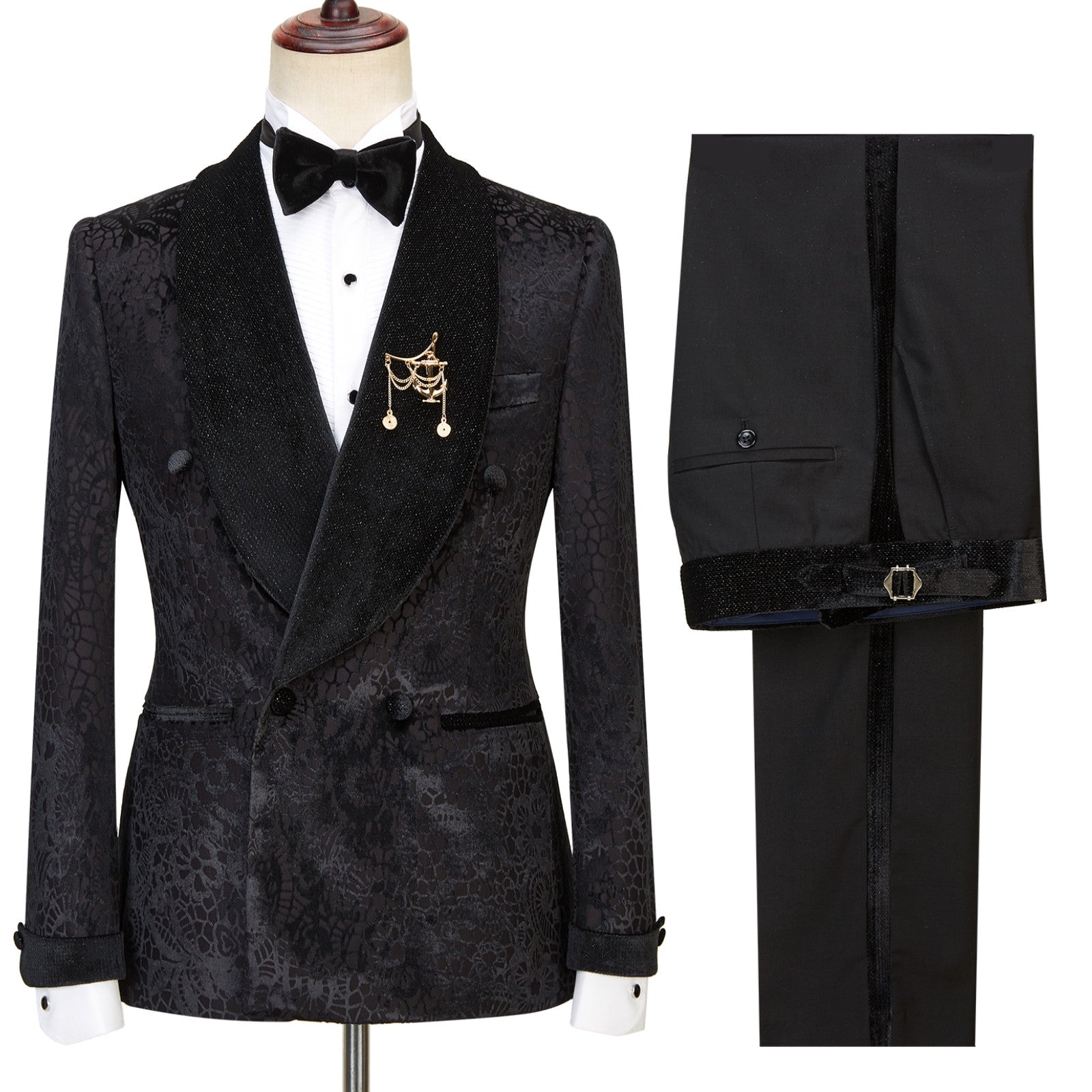 Elegant Sparkle Patterns Wedding Suits by Alex Fashion - Black Shawl Lapel Double Breasted