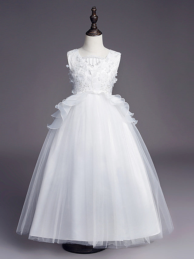 Princess Sleeveless Jewel Long Length Flower Girl Dress with Belt Beadings Embroidery