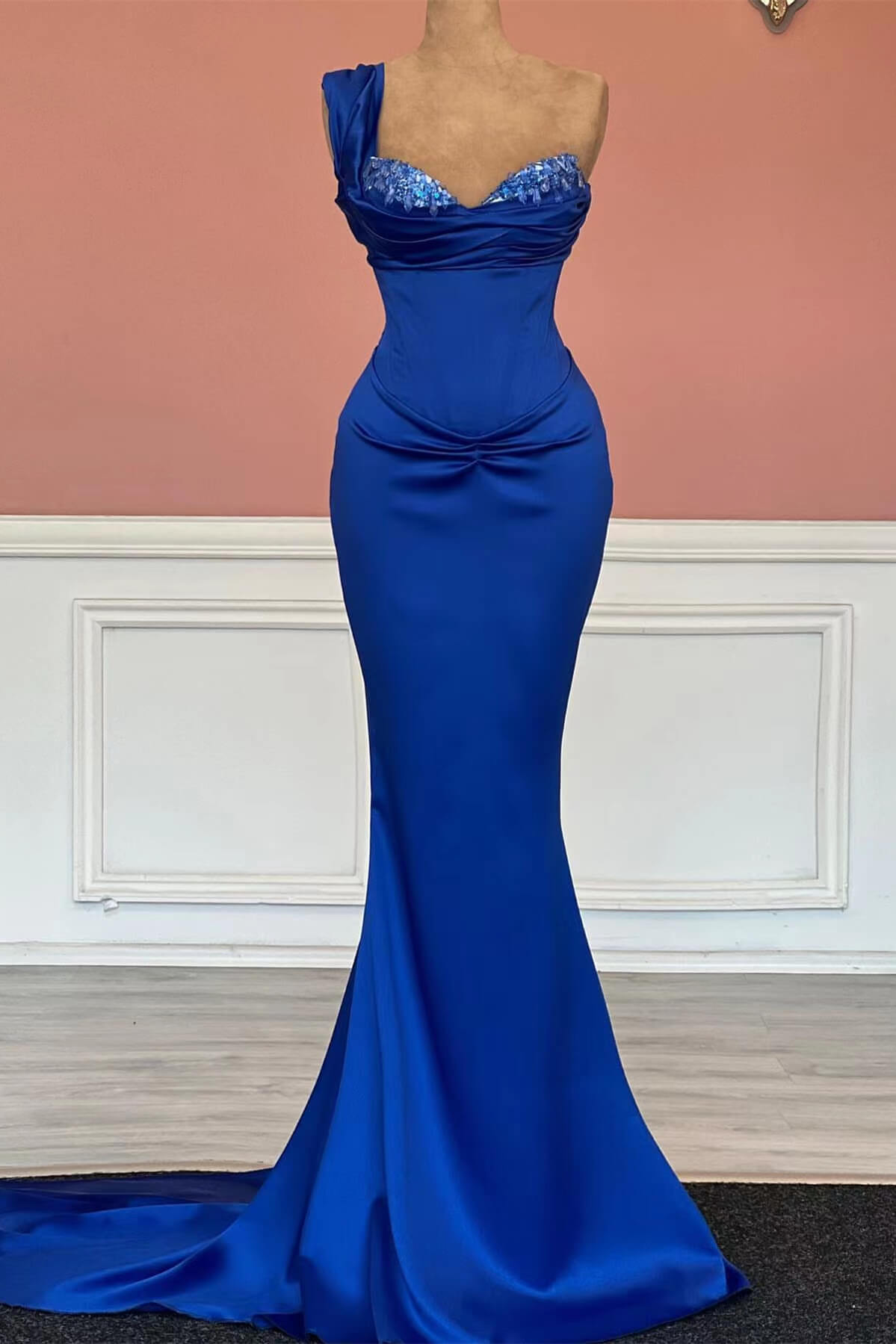 Royal Blue One-Shoulder Sweetheart Mermaid Prom Dress with Sequins