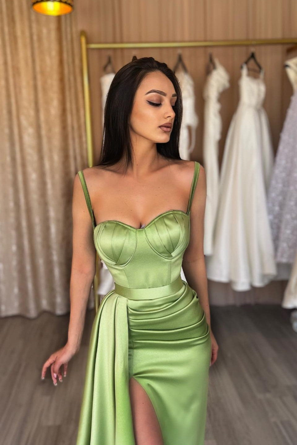 Sage Mermaid Evening Dress with Spaghetti-Straps and Sweetheart Split