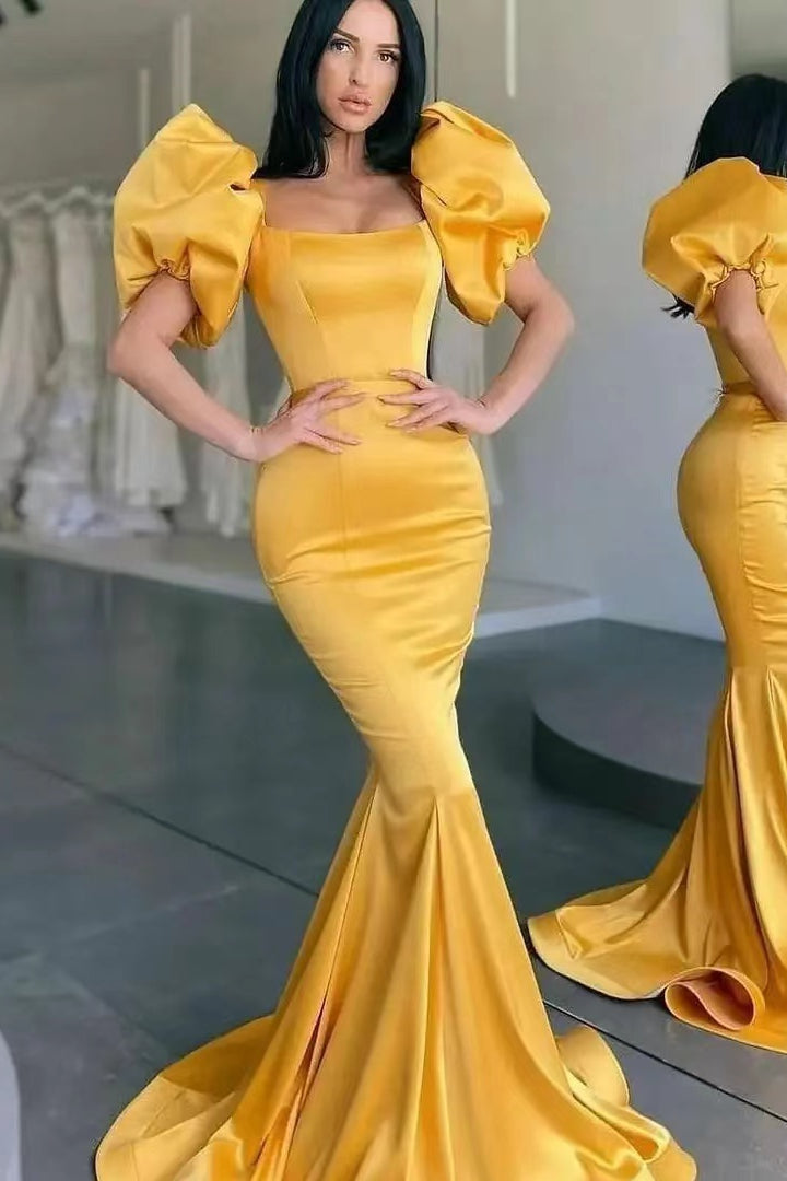 Mermaid Long Prom Dress with Yellow Square Bubble Sleeves