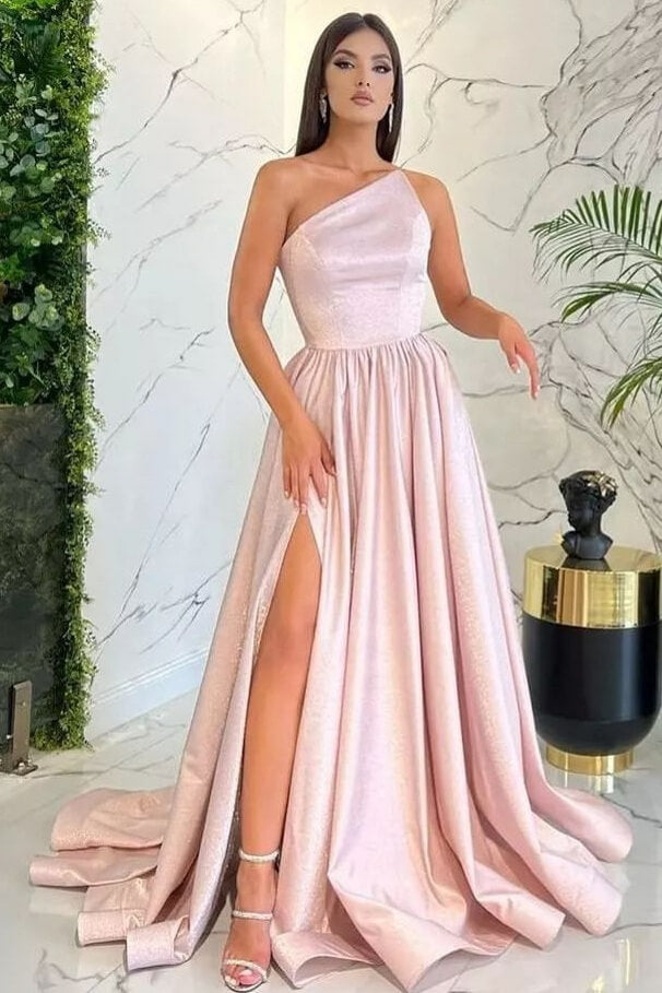 Light Pink One Shoulder Sleeveless Evening Dress with Split