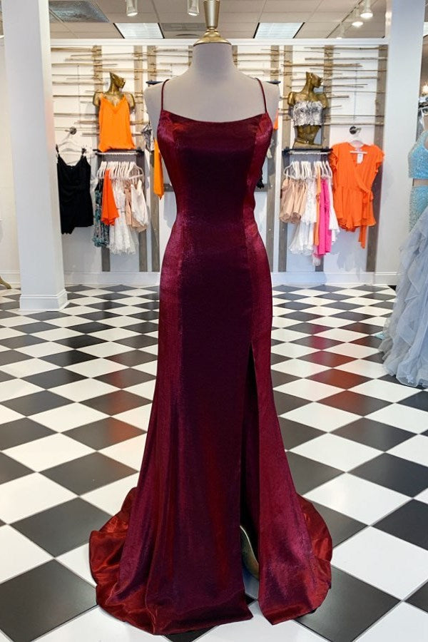 Burgundy Strapless Mermaid Evening Dress with Simple Split