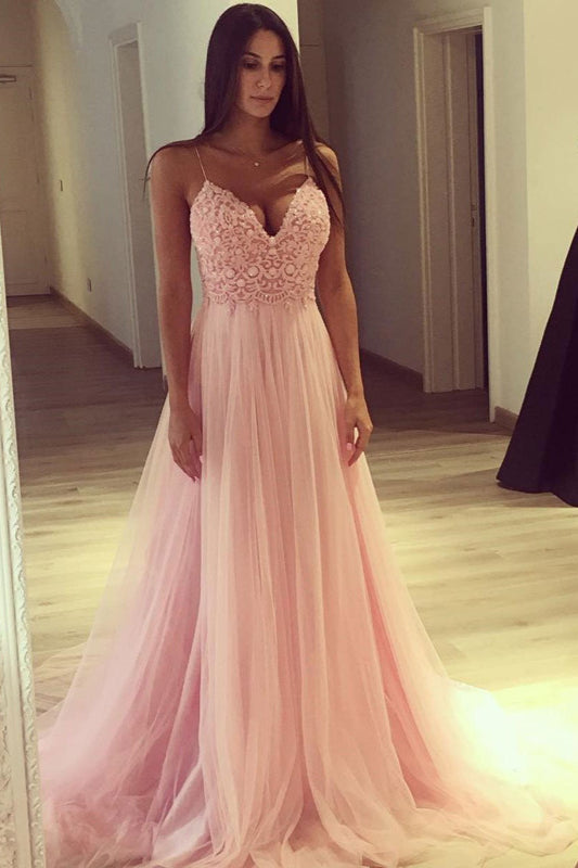 Gorgeous Pink Tulle Lace Spaghetti-Straps Prom Dress