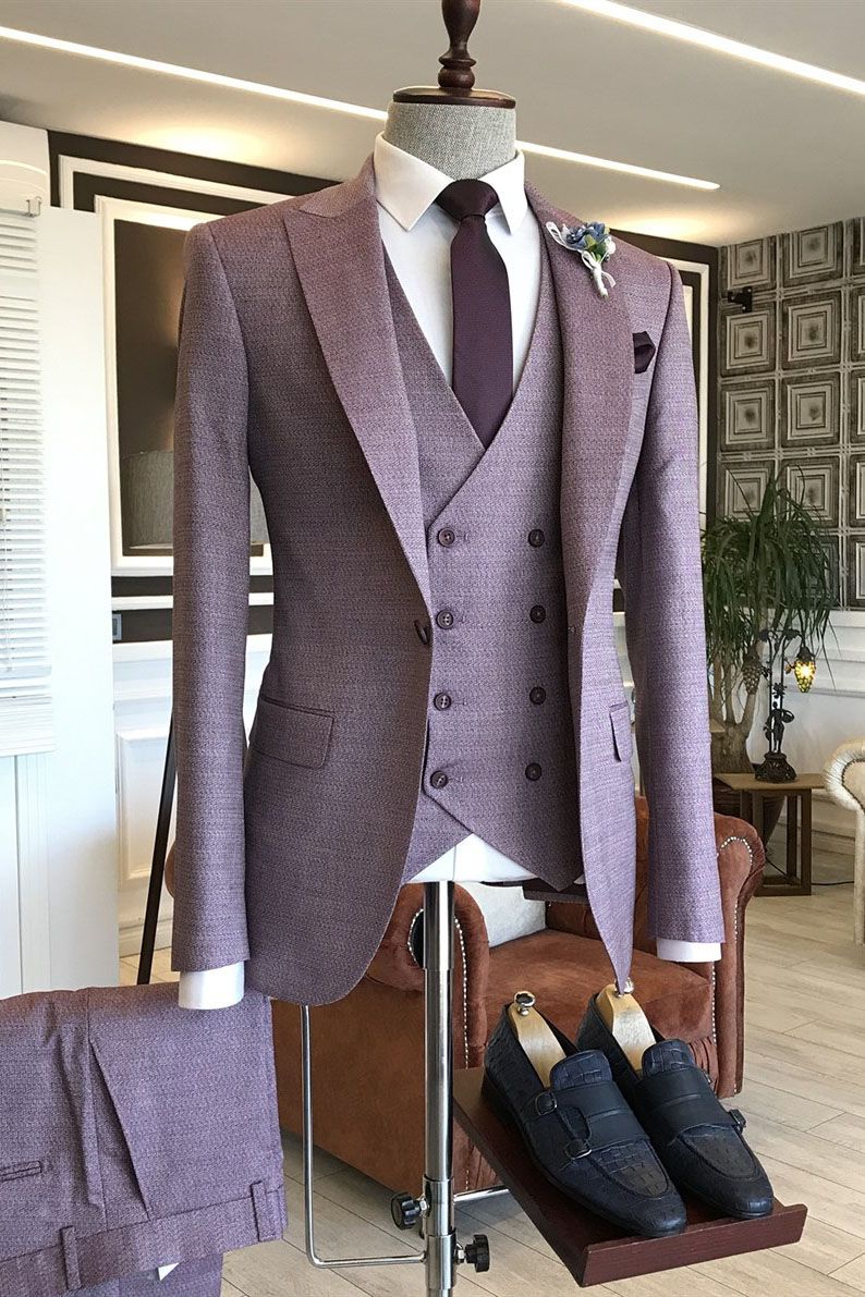 Purple Plaid Groomsmen Outfits with One Button Peaked Lapel