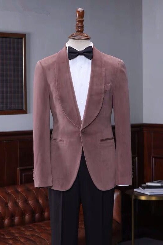 One Button Wedding Suit in Classic Pink Velvet Shawl Lapel for Men