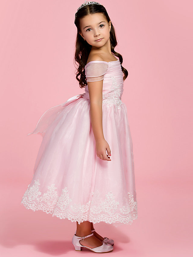 A-Line Ankle Length Organza First Communion Dress With Bow Ruched Appliques