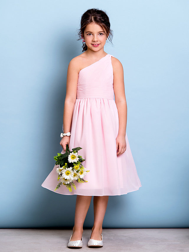 A-Line One Shoulder Knee Length Chiffon Junior Bridesmaid Dress with Ruched Draping Side Draping & Natural Look