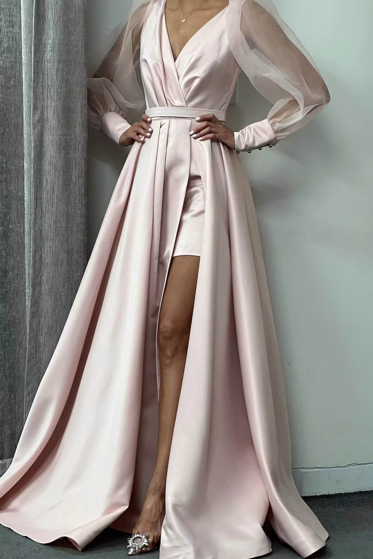 A-Line Long Puff Sleeves Slit Evening Dress