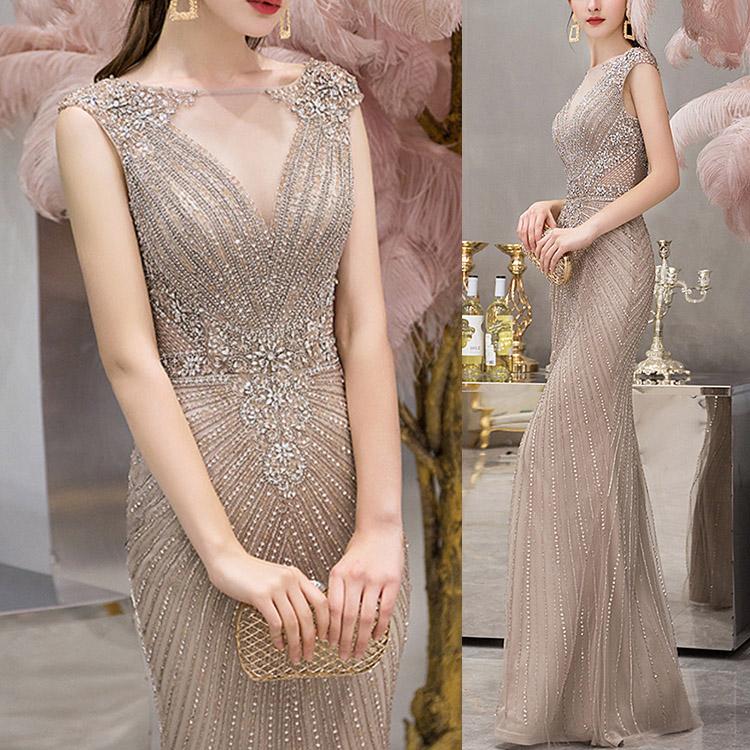 Mermaid Long Evening Dress With Cap Sleeves V-Neck Beadings Online