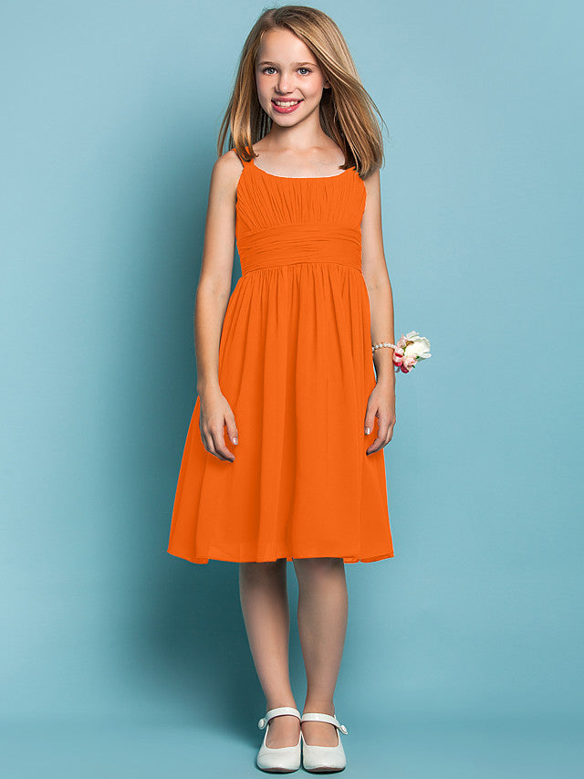 Elegant Knee-Length Chiffon Flower Girl Dress with Sheath Column Straps and Ruched Draping