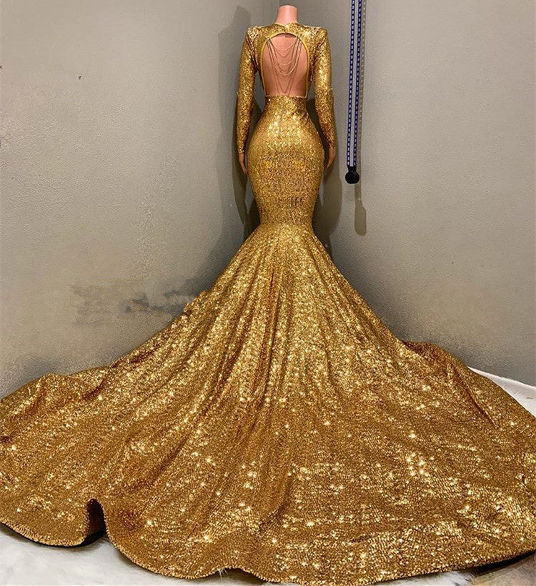 Glamorous Gold Mermaid Prom Dress with Long Sleeves and V-Neck Applique