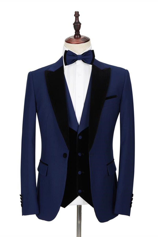 Popular Dark Blue Prince Suit with Velvet Peak Lapel for Wedding