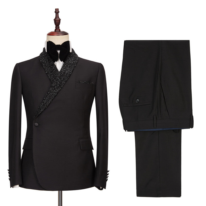 Black One Button Wedding Suits with Sparkly Shawl Lapel - Colby