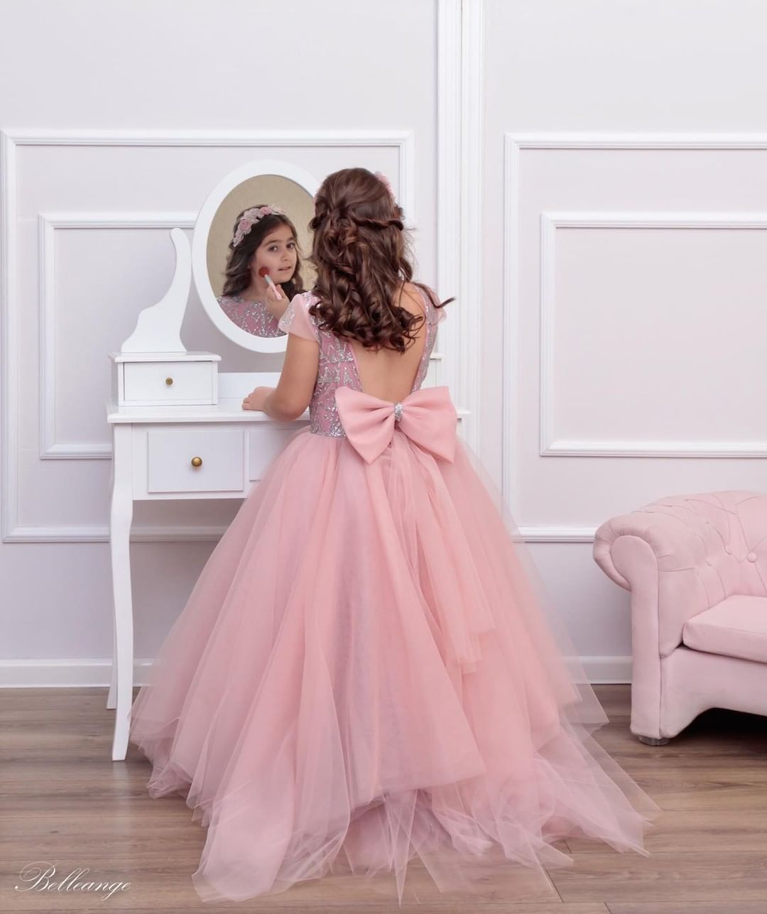 A-line Backless Bateau Short Sleeve Flower Girl Dress with Lace Tulle Bowknot and Sequins