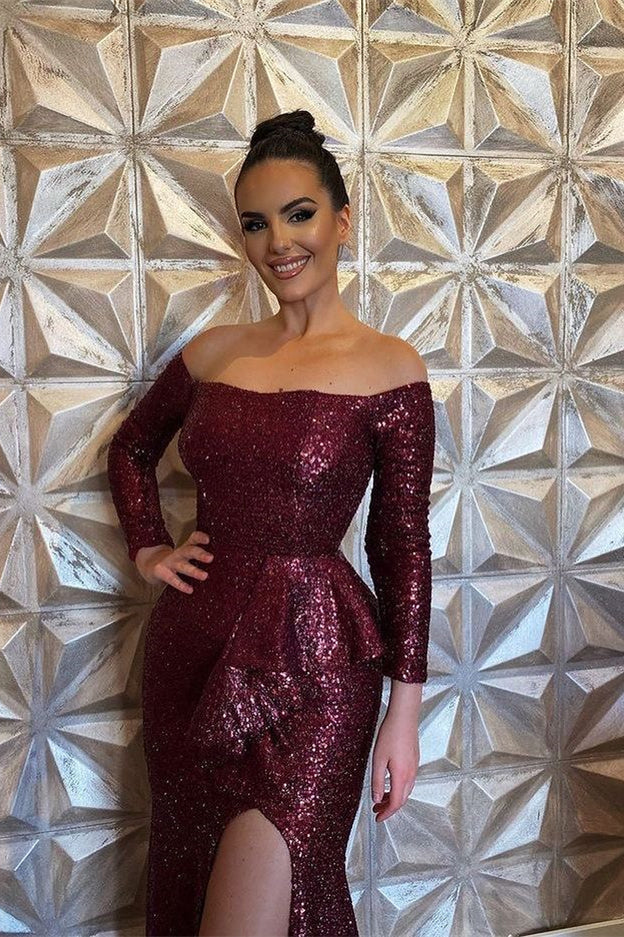 Stunning Burgundy Mermaid Evening Dress With Split and Sequins Long Sleeves