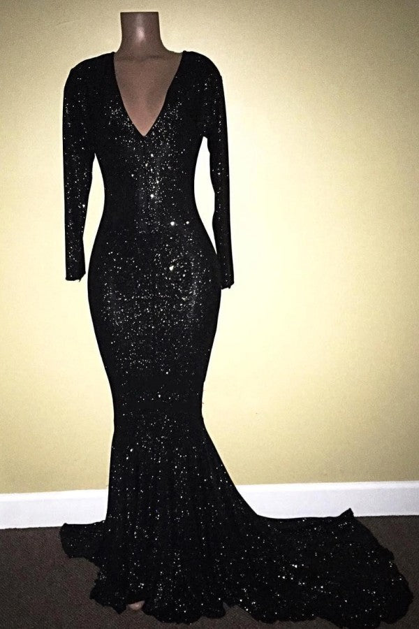 Mermaid Prom Dress with Long Sleeves & V-Neck - Black with Sequins