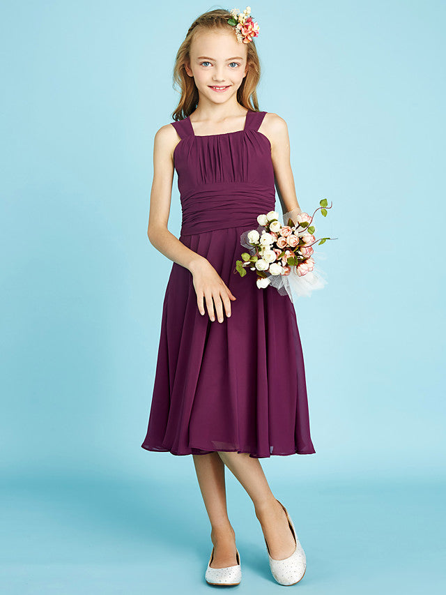 A-Line Straps Knee Length Chiffon Junior Flower Girl Dress with Sash Draping and Natural Look