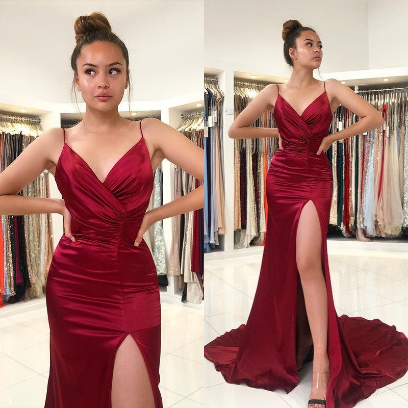 Burgundy Spaghetti-Strap Front Split Prom Dress