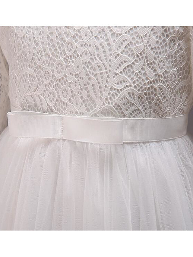 Half Sleeve Lace Tulle Jewel Neck Floor Length Flower Girl Dress With Cotton Belt