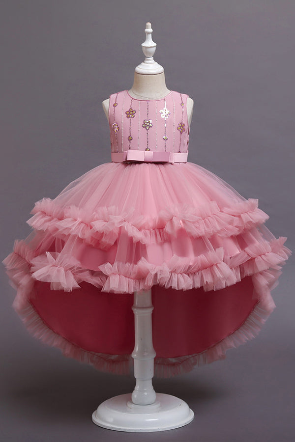 Red Tulle Belt Ruffles Flower Girl Dress with Appliques