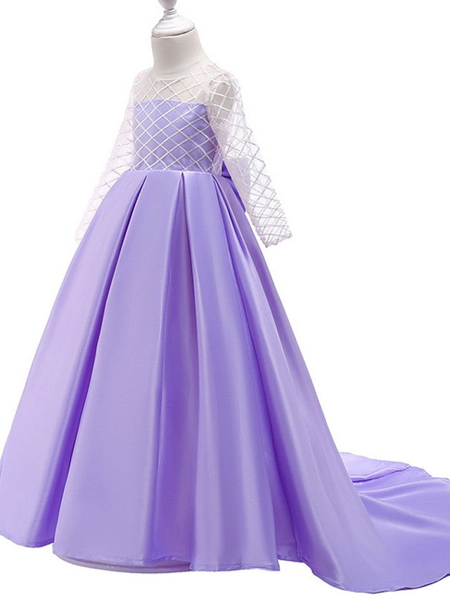 Princess A-Line Long Sleeve Flower Girl Dress with Bow Pleats