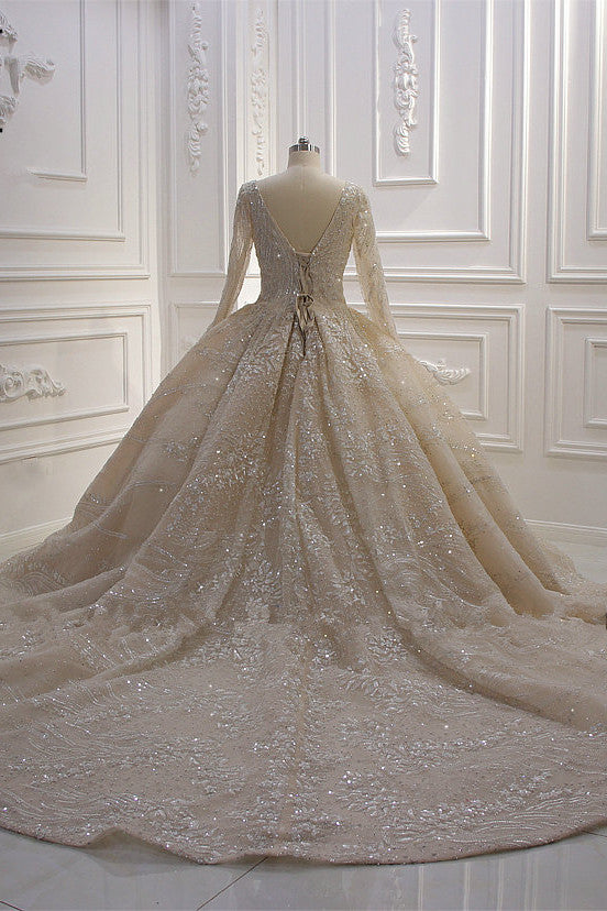 Glamorous Long Sleeves V-neck Ball Gown Wedding Dress With Sequins Beading Ruffles