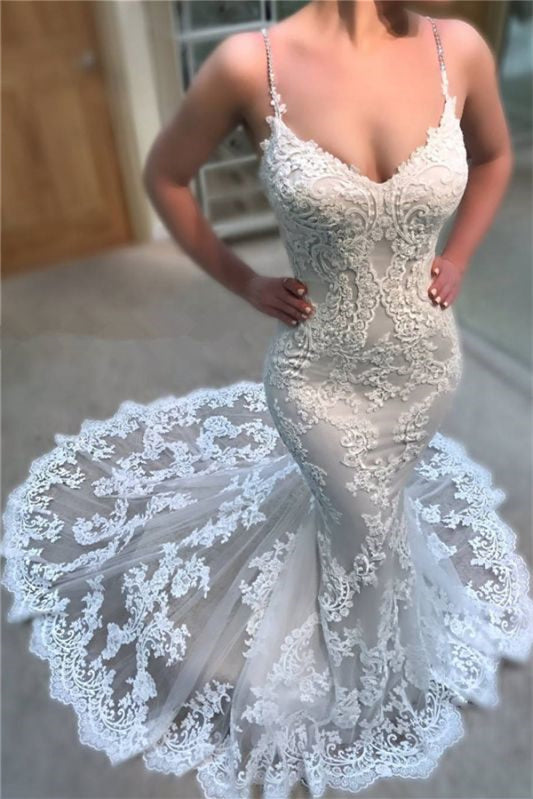 Lace Appliqued V-Neck Spaghetti-Straps Mermaid Long Wedding Dress