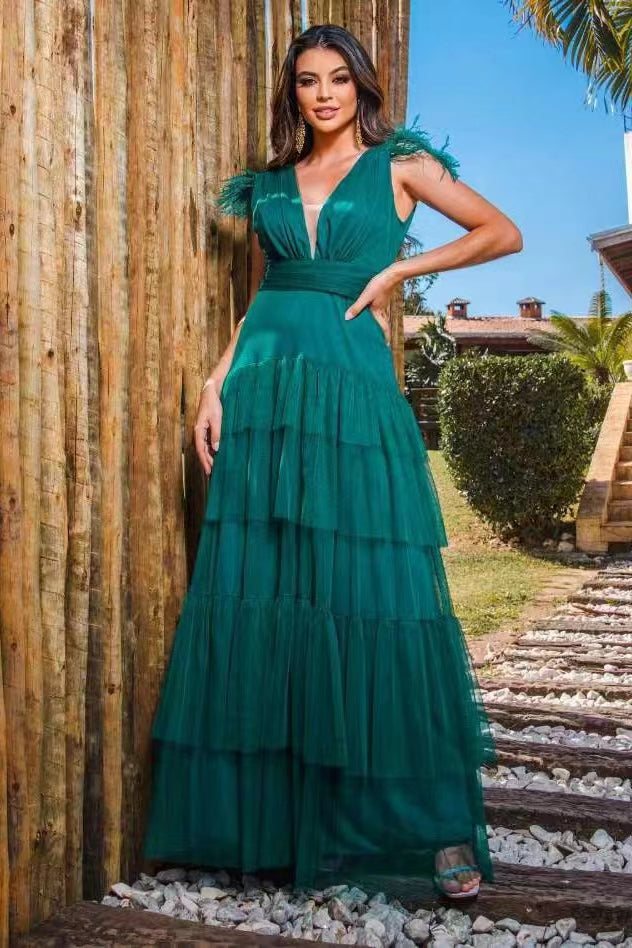 Stunning Peacock Straps Deep V-Neck Tulle Prom Dress With Feathers Layered