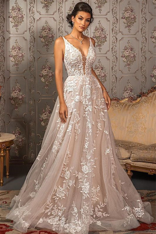 V-Neck Tulle A-Line Lace Appliques Wedding Dress