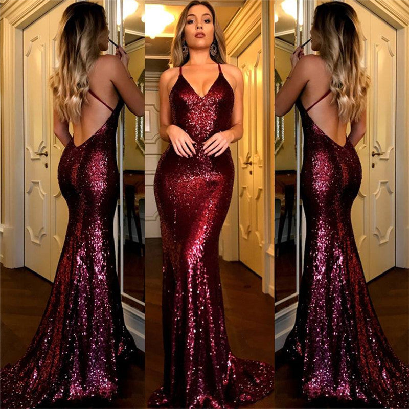 Burgundy Sequins Backless Evening Dress