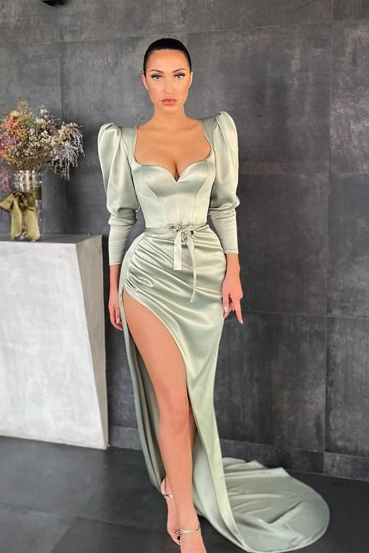 Dusty Sage Long Sleeve Split Prom Dress