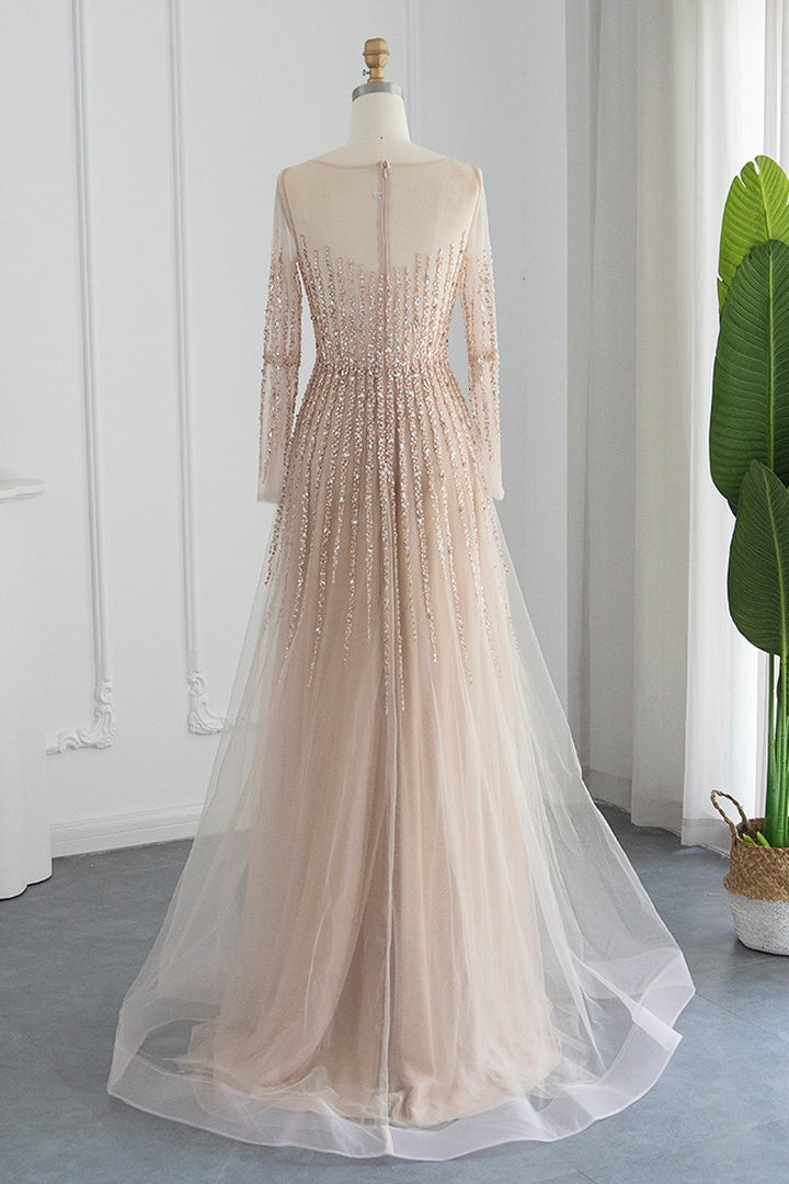 Chic A Line Prom Dress with Tulle and Appliques - Champagne Jewel Neck Long Sleeves