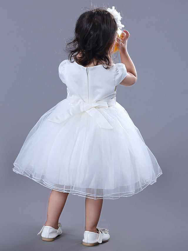 Short Sleeve Jewel Ball Gown Flower Girl Dress Satin Tulle With Beadings Embroidery