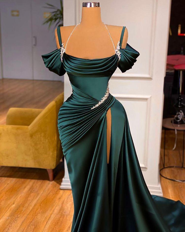 Green Chic Off-the-Shoulder Prom Dress with Long Slit